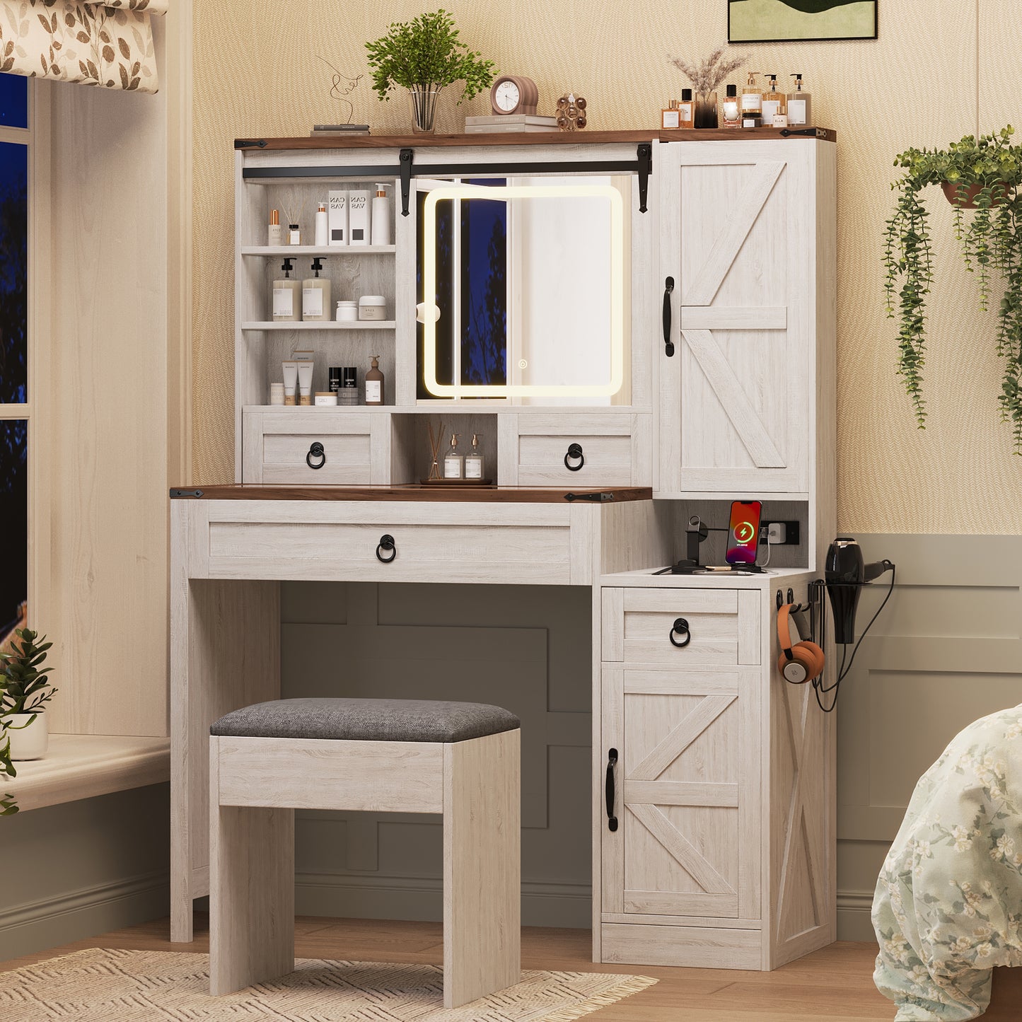 Farmhouse Vanity Desk With Sliding Mirror And Lights, Vanity Set With Glass Top And Charging Station ,Dressing Table With 4 Drawers And 2 Cabinets, Dressing Table With Stool For Bedroom, White