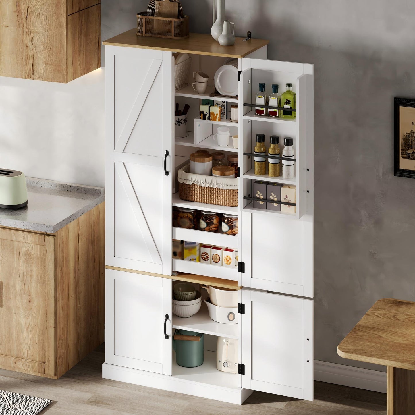 Kitchen Cabinets, Tall Cabinets And Storage Cabinets With Motion Sensor, Adjustable Shelves, Shelves On The Doors And Drawers, Suitable For Kitchen, Dining Room And Living Room, White