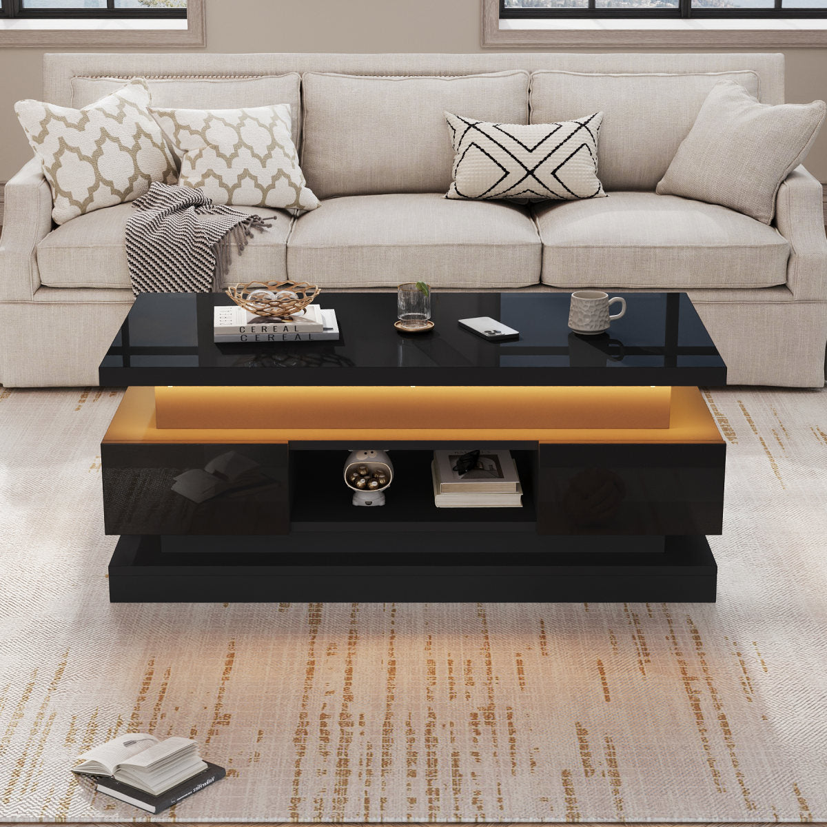 100x50x40cm Liftable Coffee Table With 2 Drawer, High Gloss Side Table With LED, Sofa Table, Coffee Table, Living Room Table With Hidden Storage, Black, Chipboard