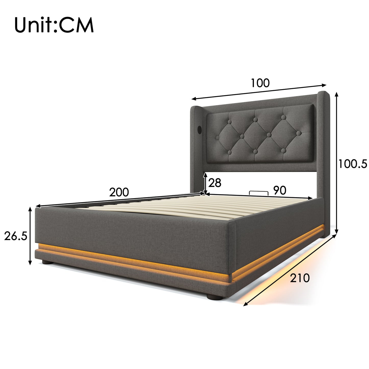 Sofa Bed Single Bed 90x200 Cm, Grey Cotton-Material Hydraulic Storage Bed, Cushioned Headboard With USB Type-C Charging Function, 3-sided LED Function Without Mattress
