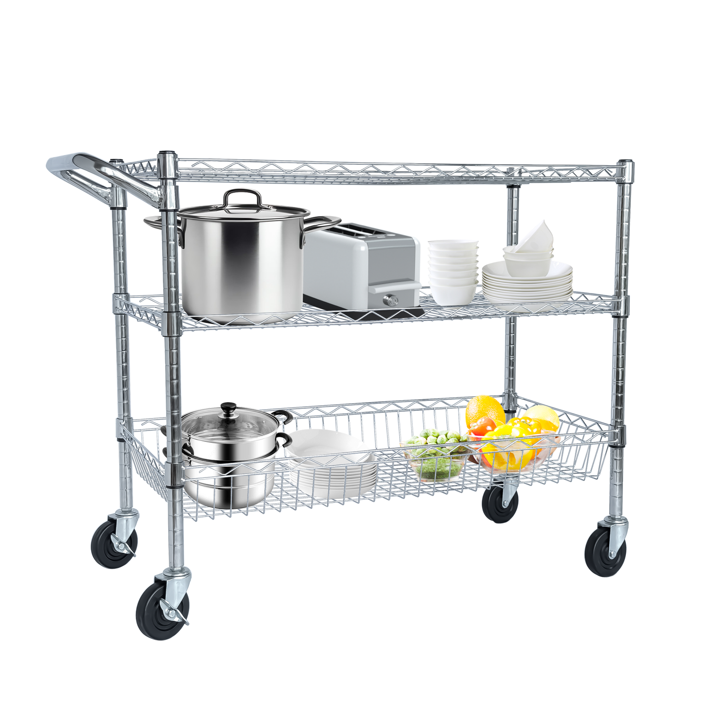 Heavy Duty Rolling Utility Cart,3 Tier Rolling Carts With Wheels,with Handle Bar & Shelf Liners,36inchx18inchx32inchStorage Cart For Kitchen,Restaurant,Plant Display,Chrome