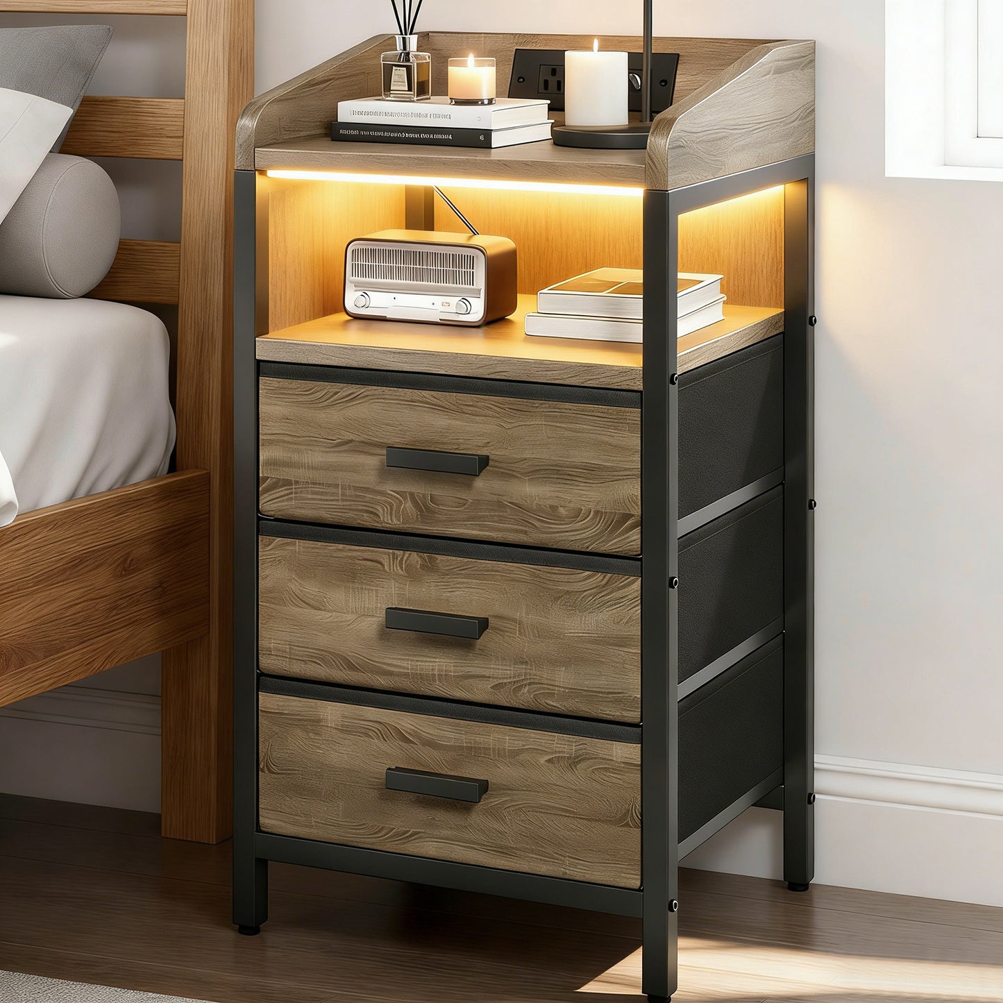 2 Pack Night Stand With Charging Station And Light Bedside End Table With 3 Fabric Drawers 2 USB Ports And Outlets For Bedroom