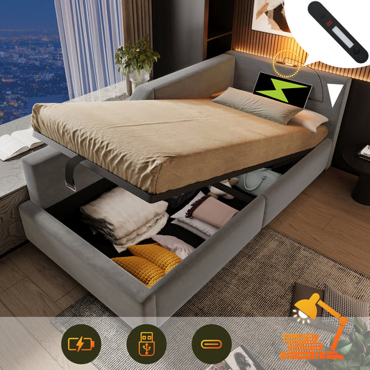 Upholstered Bed Daybed Daybed 90x190cm, Sofa Bed With Hydraulic Storage, Reading Light Function And USB-C Charging Function, Children's Bed Bed Frame With Wooden Slatted Base, Velvet, Grey