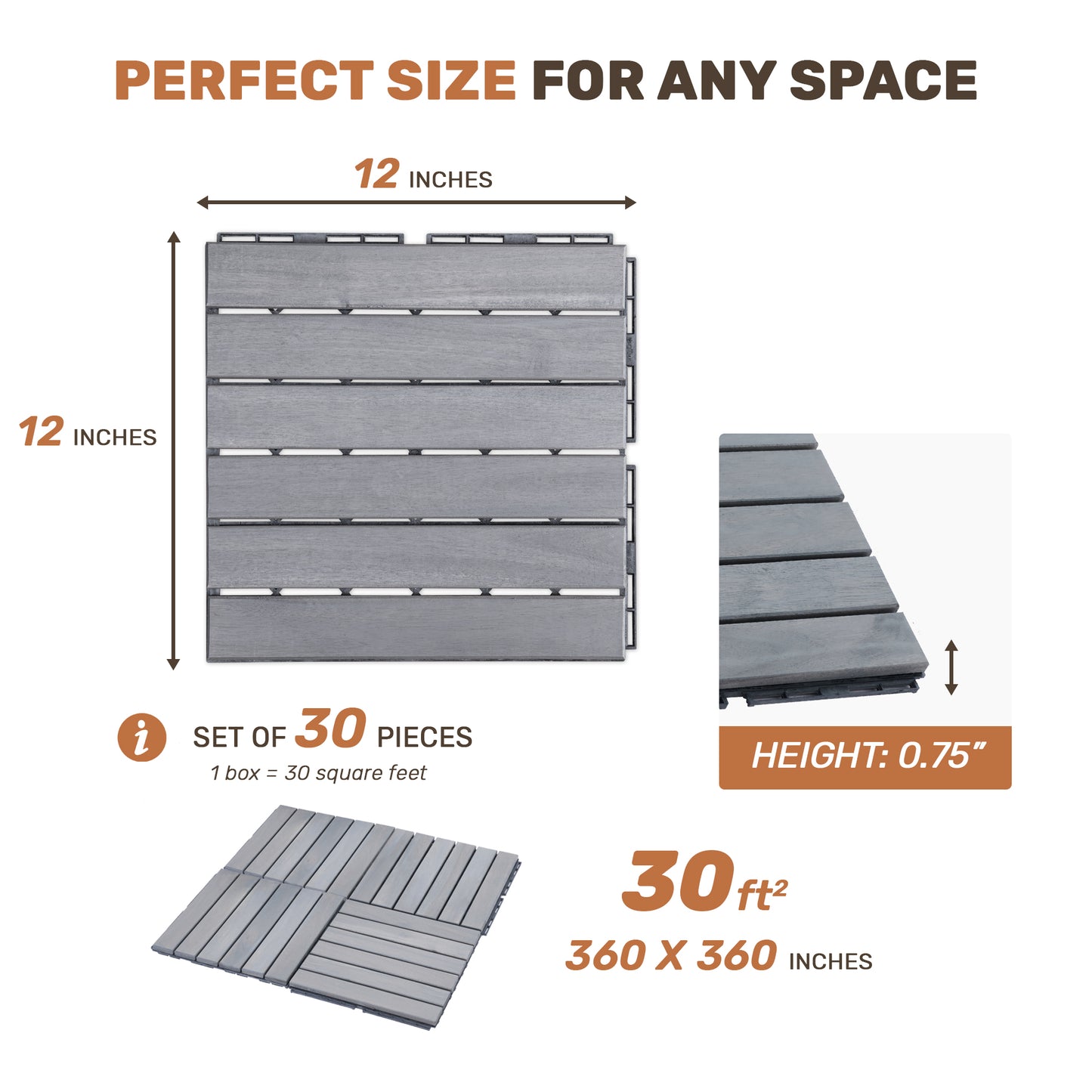 30 PCS Interlocking Deck Tiles Striped Pattern, 12  X 12  Square Light Gray Acacia Hardwood Outdoor Flooring For Patio, Bancony, Pool Side,...