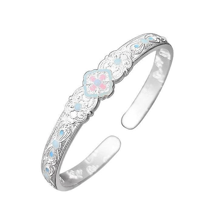 1pcs 925 Sterling Silver Enamel Clover Carved Open Cuff Bangle, Elegant Oriental Style, For Daily Wear & Holiday Gift Giving