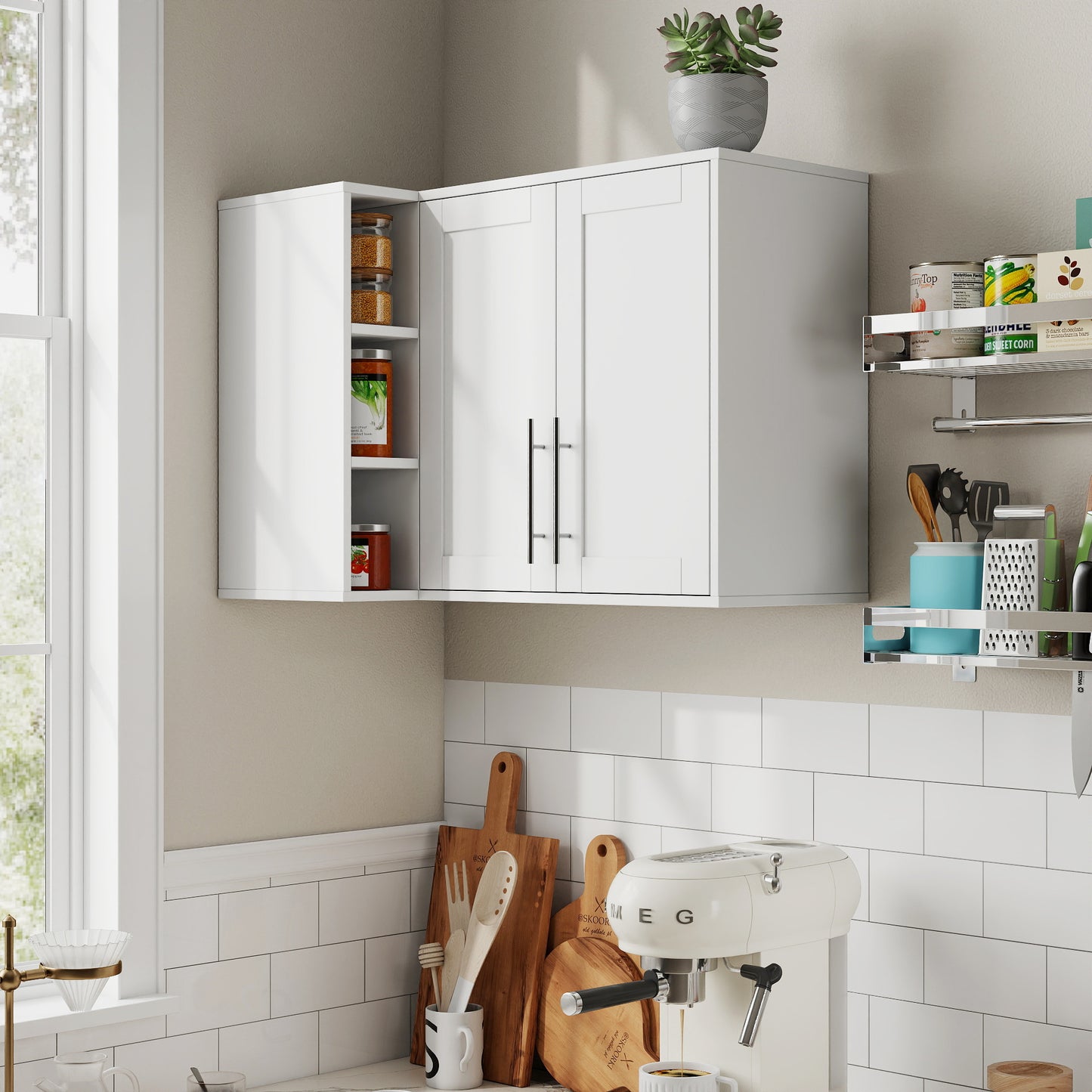 L Shape Wall Mounted Kitchen Sideboard Cabinet With 2 Door, 3 Layers Shelves, Storage Buffet Cabinet For Bathroom, Dining Rooms
