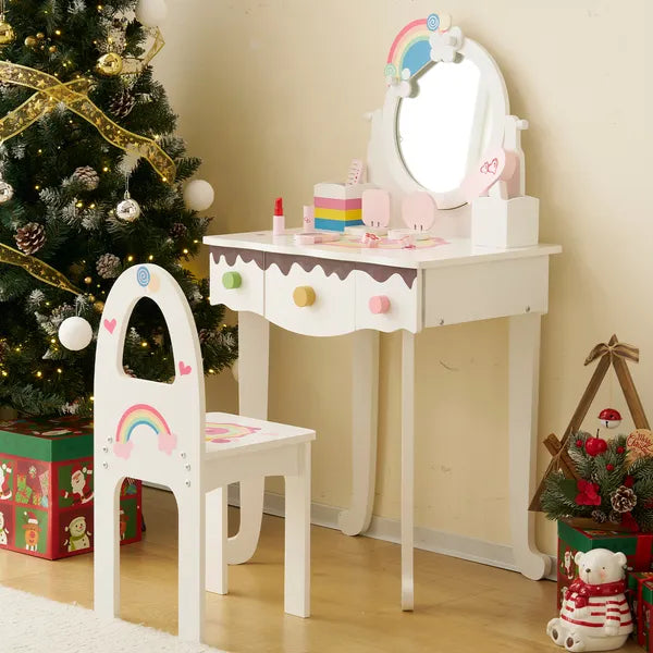 Kids Vanity Table And Chair Set With 7pcs Pretend Play Makeup Toys, Girls Vanity With Mirror & Stool, 3 Drawers & Tabletop Storage, Princess Table For Toddlers, White