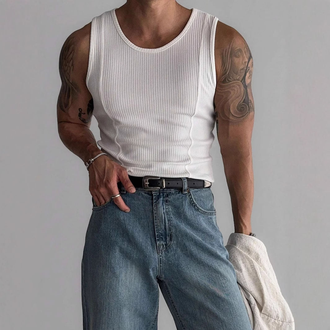 Mens Knitted Vertical-Stripe Fitness Sports Casual Tank Top