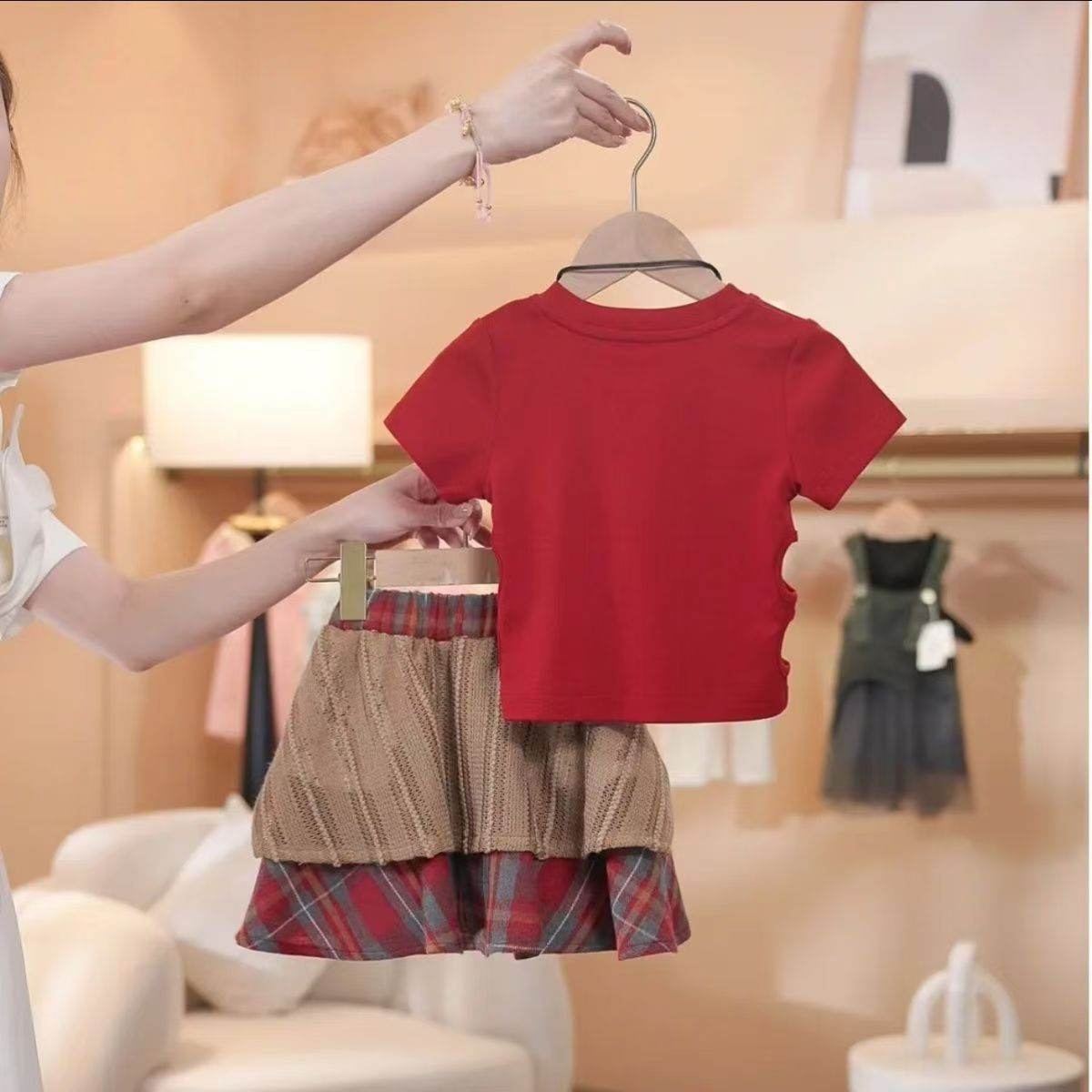 Girls Plaid Set Korean-style Irregular Plaid Skirt And Short-sleeve Top Two-piece Trendy Outfit