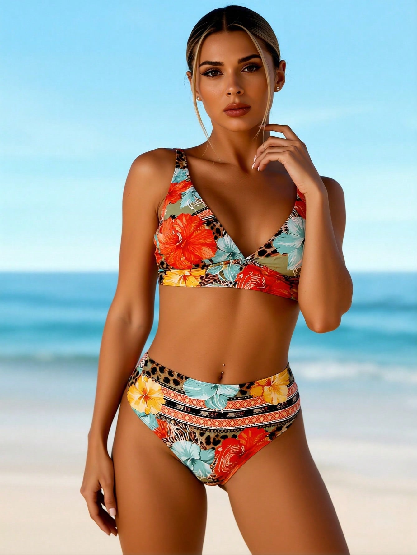 2026 New Hawaiian Floral & Animal Print Swimwear, Mid Waist Tummy Control Two-Piece Swimsuit