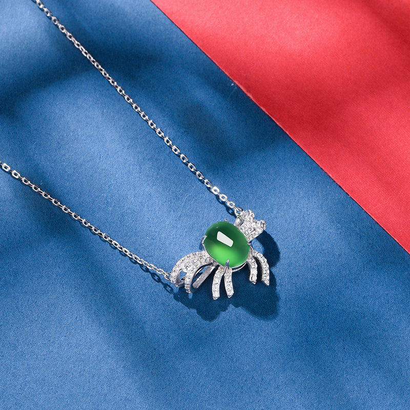 S925 Sterling Silver Necklace, 9x7mm Cabochon Green Chrysoprase Bowknot Pendant, Platinum Plated 3.1g, 45cm Chain, Elegant Women's Jewelry Gift Set