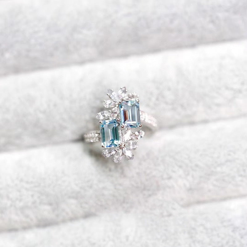 925 Sterling Silver Snowflake Ring, Fashion Unique Ins Style Aquamarine Ring, New Summer Adjustable Index Finger Ring