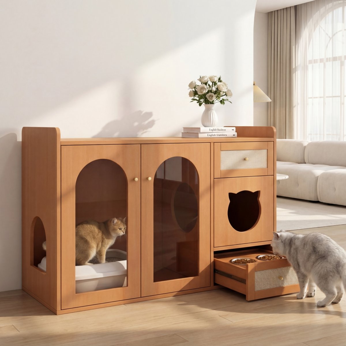 Multi-purpose Cat House & Litter Box Cabinet  Pet-friendly Side Cabinet With Food Bowls, Cat Rest Room, Storage Area  Without Litter Box & Cat Cushion , Walnut Colours, 120x45x83 Cm