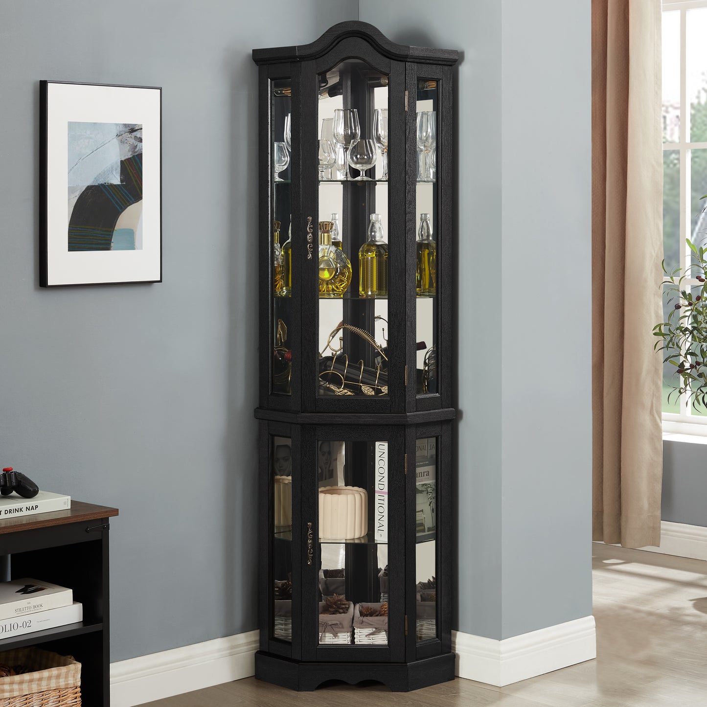 Lighted Corner Curio Cabinet With Tempered Glass Doors & Shelves - Elegant Oak Display Storage For Living Room & Bedroom Decor-BLACK