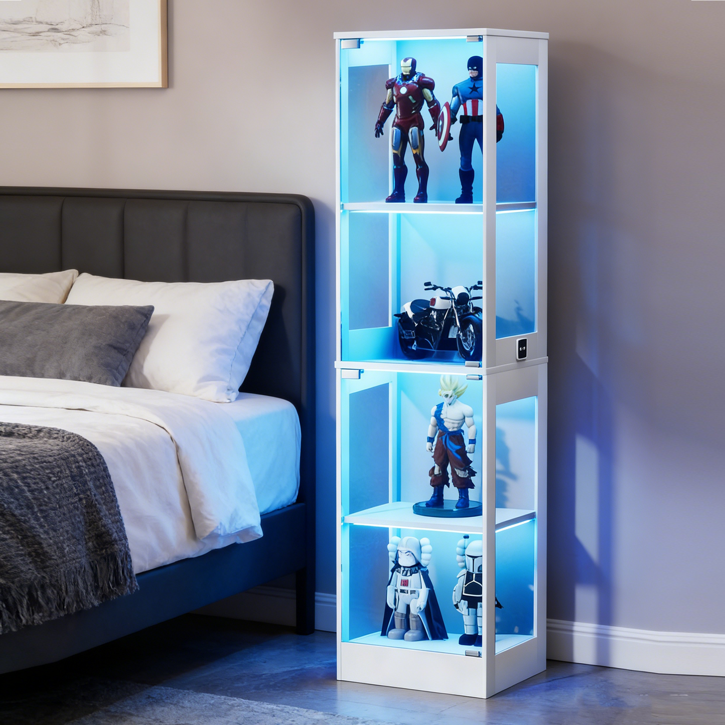 Four-storey Glass Display Case With Storage Space, LED Lighting, Glass Doors And Smart Sensors. Suitable As A Dustproof Glass Cabinet For Living Rooms, Bedrooms And Offices. White.40X35X165cm