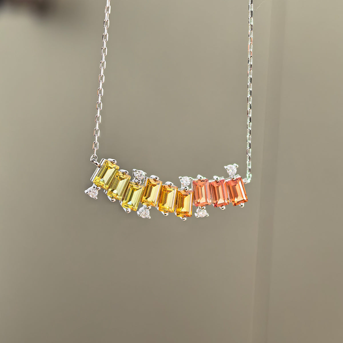 S925 Sterling Silver Rectangle Rainbow Lab-Grown Gemstone Necklace 45cm Platinum Plated With D Color VVS1 Moissanite GRA Certified Gift Box