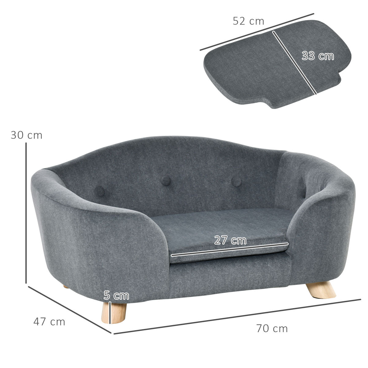 PawHut Dog Sofa Bed Pet Chair Couch With Water Resistant Fabric, Kitten Lounge With Soft Cushion, Wooden Frame For Mini Size Dogs - Grey