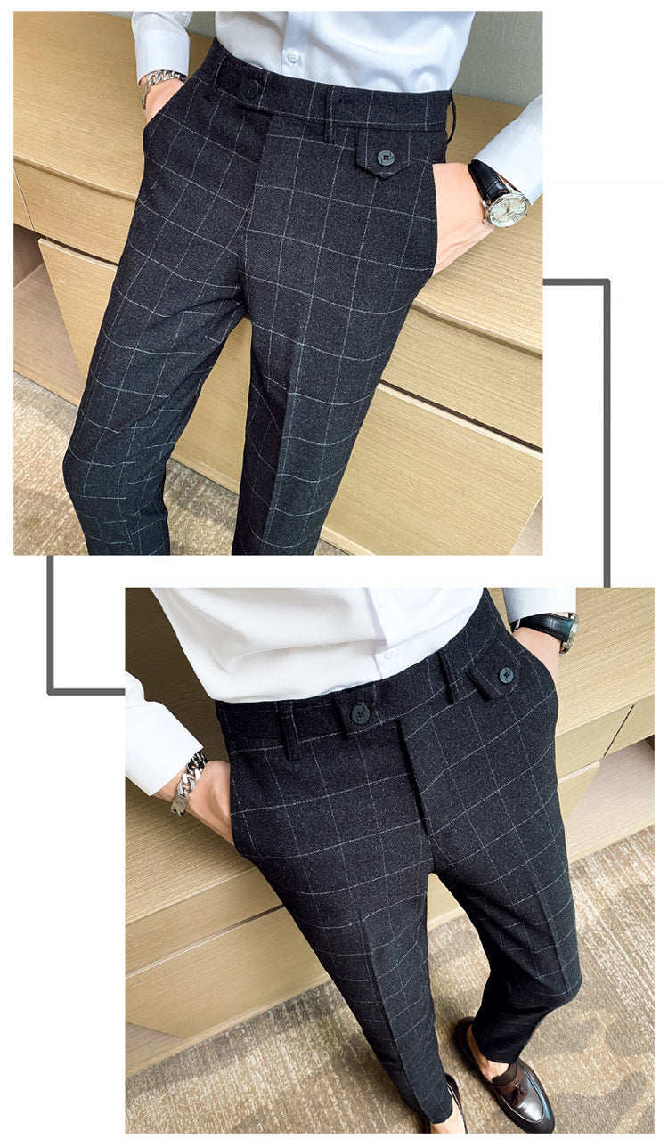 Korean Style British Classic Checkered Elegant Slim Fit Men's Best Man Pencil Pants Suit Pants