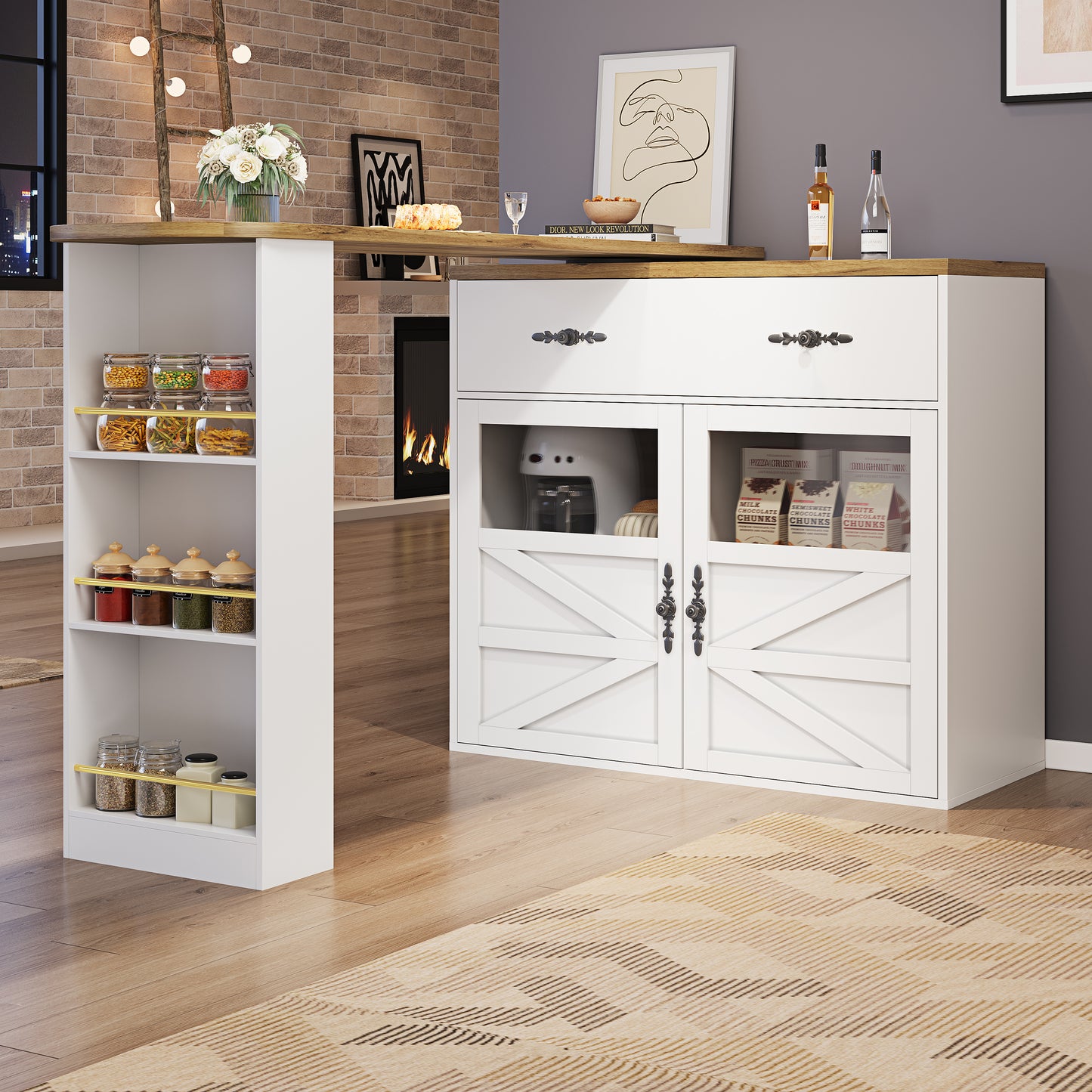 Extendable Bar Table With Storage  138-204x39x104cm , 360 Rotatable Edible,Modern Movable Bar Table,High Table Kitchen Island Bistro Table, Sideboard Cabinet With Shelves, White