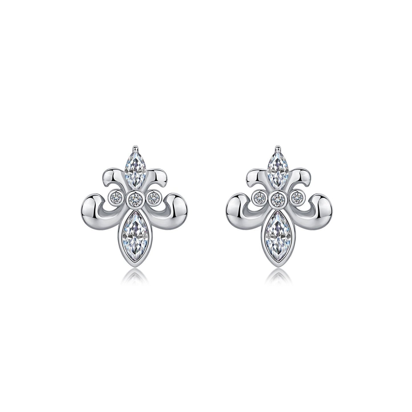 S925 Sterling Silver Fleur-de-lis Stud Earrings, D-VVS1 Moissanite Marquise Cut, Platinum Plated 1.8g, Elegant Women's Jewelry Gift Box