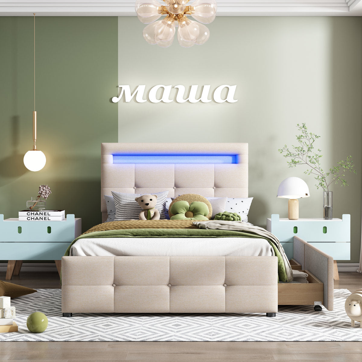 Upholstered Bed 90x200cm With LED Lights, 2 Drawers, Skin-friendly Linen Upholstery Flat Single Bed Cot Youth Bed Guest Bed Beige