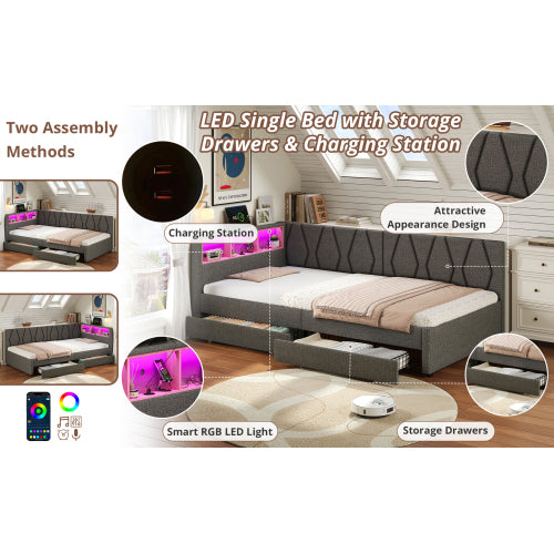 3ft Single Daybed With Two Storage Drawers, LED Modern Bed Frame With Charging Station, Linen Sofa Bed For Living Room Bedroom Study Room, 90X190cm, Easy Assembly, Grey