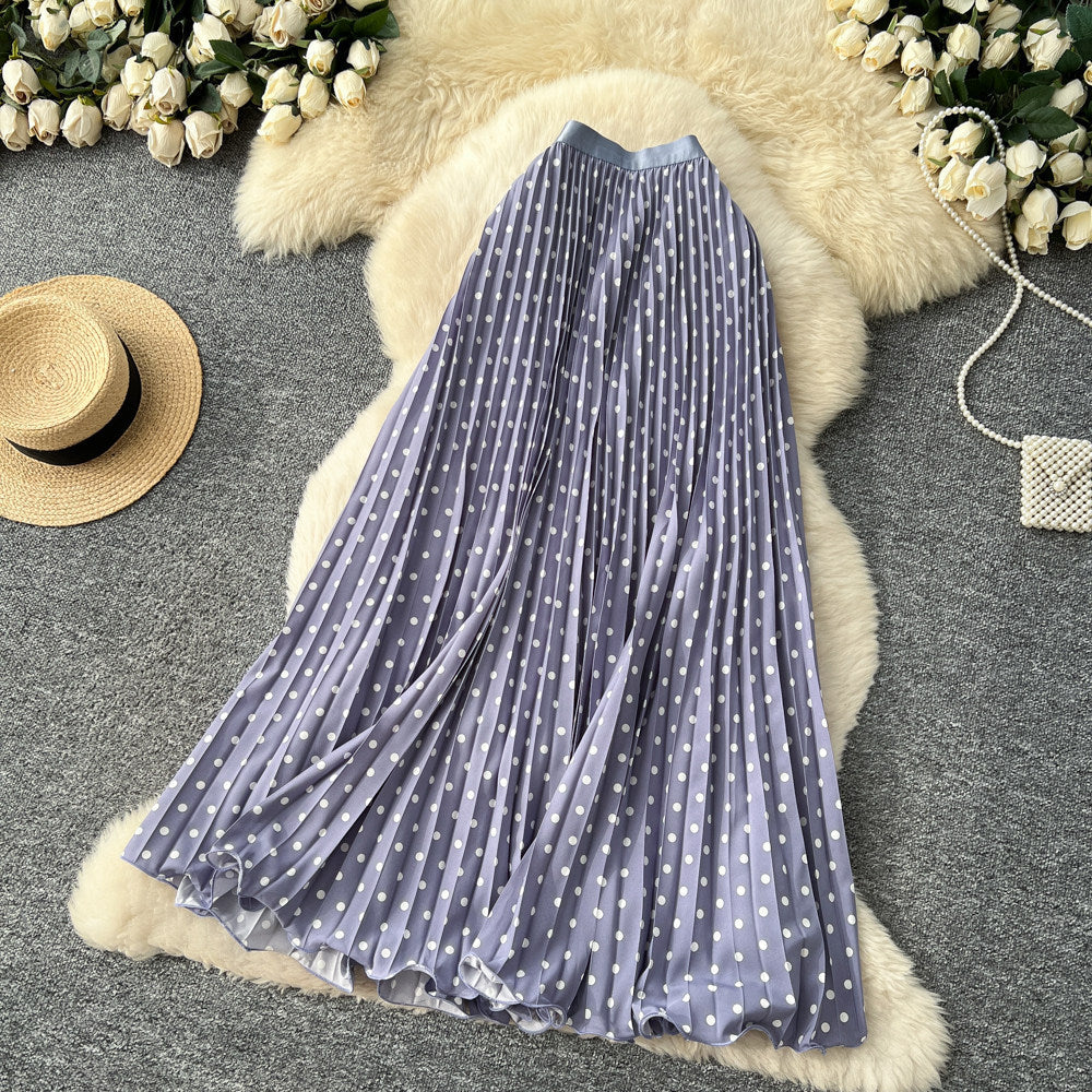 Korean-style Mid-length Polka-dot Pleated Skirt Elegant Midi Skirt