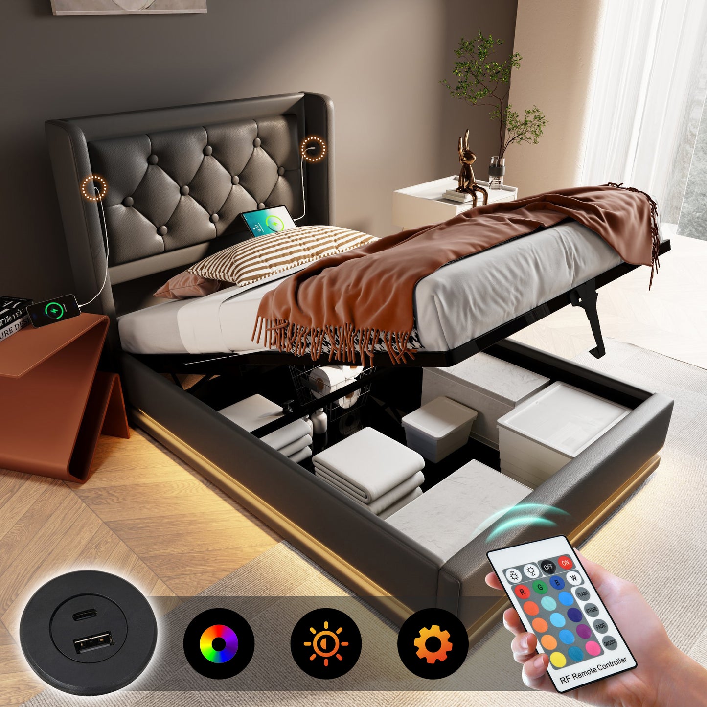 Sofa Bed Single Bed 90x200 Cm, Black PU Material Hydraulic Storage Bed, Cushioned Headboard With USB Type-C Charging Function, 3-sided LED Function  Without Mattress