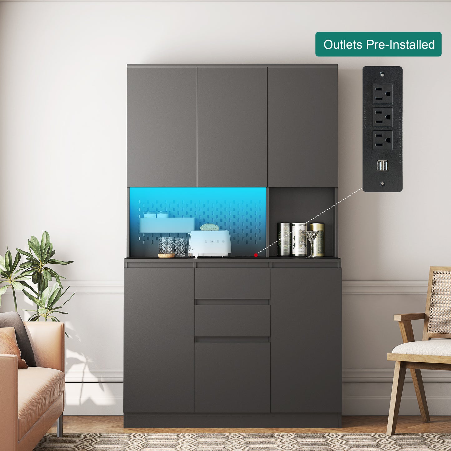 74  Freestanding Kitchen Pantry Cabinet Cupboard With 6 Doors,3 Shelves And 2 Drawer,Versatile Wardrobe & Kitchen Cabinet,Craft Storage Cabinet,Laundry Room Storage For  Kitchen Black