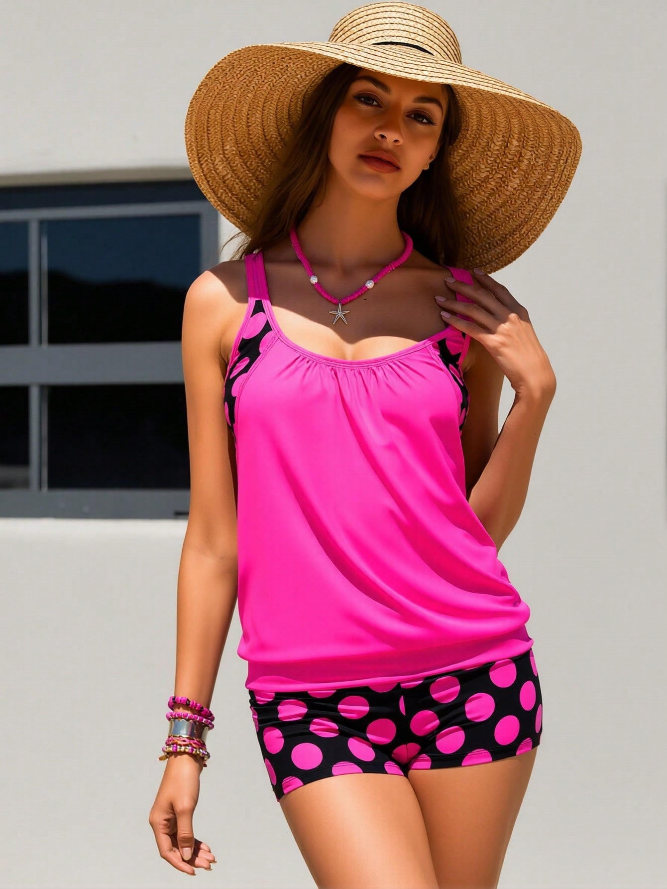 2026 New Hot Tankini Swimsuit Set, Scoop Neck Loose Tank Top & Polka Dot Boyshort Bottoms