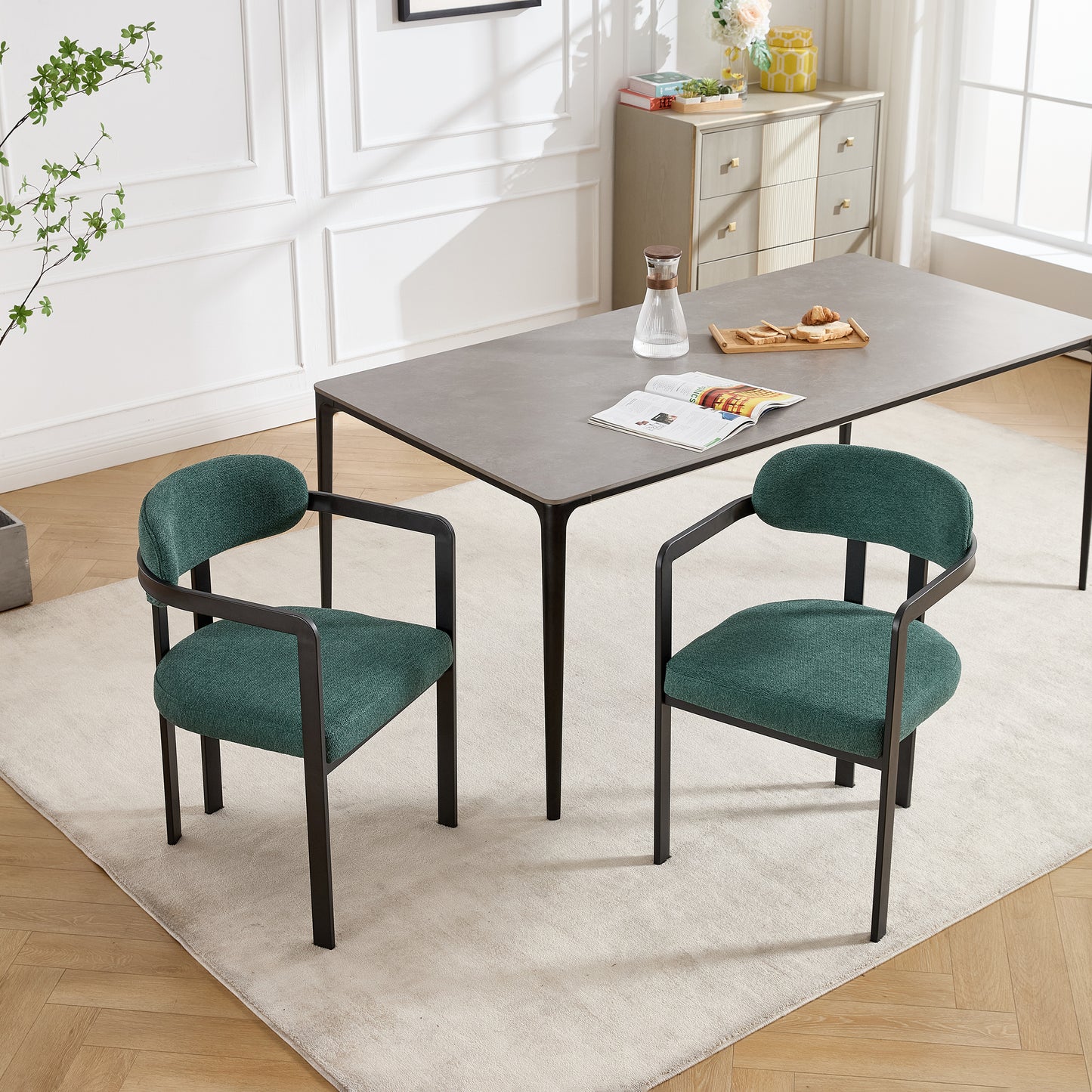 Modern Dining Room Chairs Set Of 2, Mid Century Upholstered Boucle Kitchen Dining Chairs With Black Metal Legs Side Chair