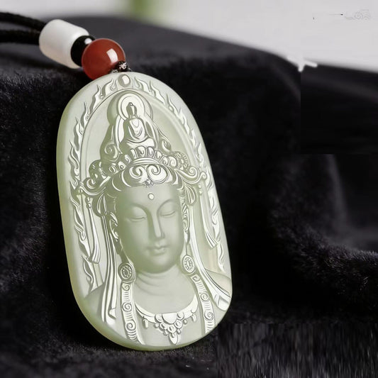 Wholesale Imitation Hetian Green And White Jade Tara Guanyin Pendant Light Green Water Bodhisattva Pendant Unisex Jade Necklace Gift