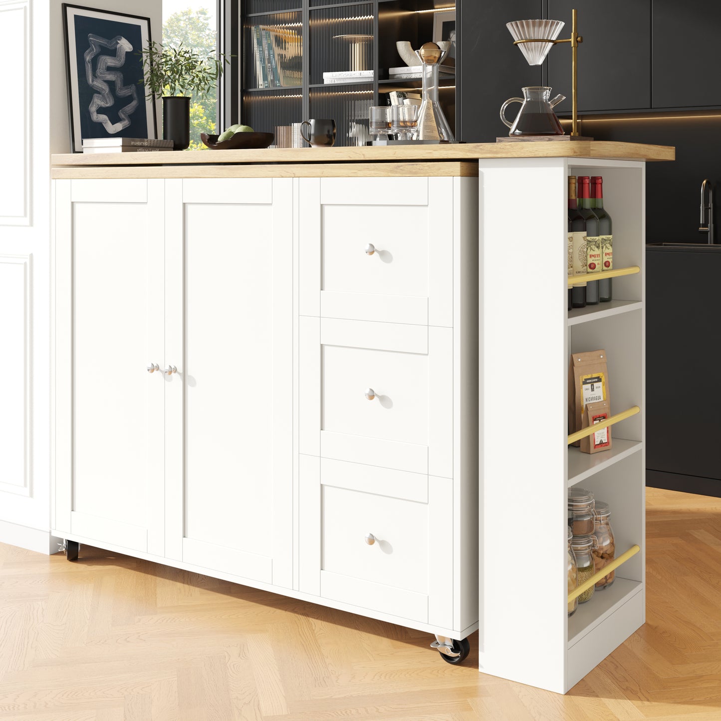 360 Swivel Bar Table  135-203 X 39 X 106cm On Wheels, White, With Three Drawers. Comes With Snack Holder. Multifunctional Storage Island, Suitable For Kitchen And Living Room.