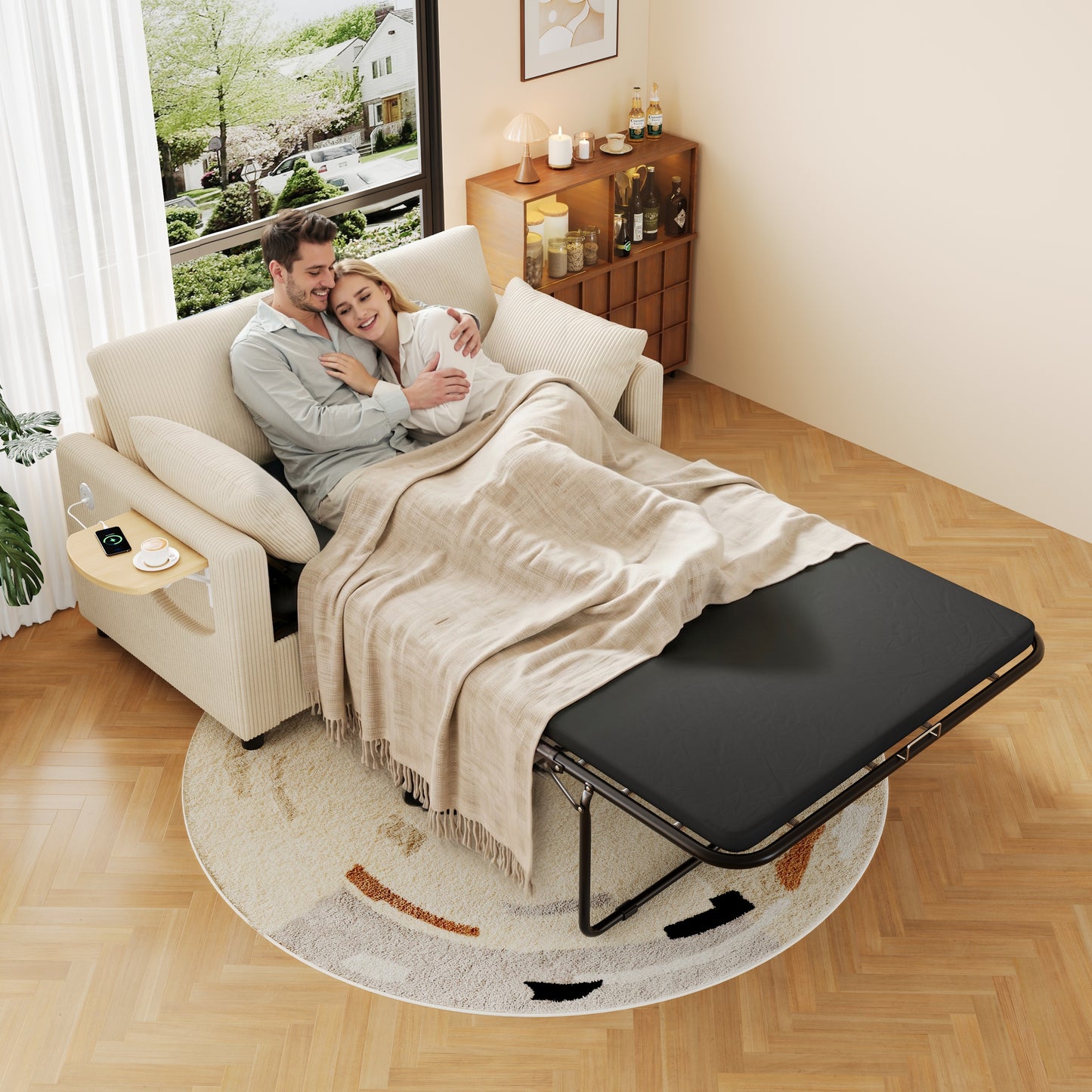 Pull-out 2-seater Sofa Bed With Sleeping Function, USB Charging Port, Folding Side Table, Mattress, Two Sheets And Two Pillows, Ideal For Living Rooms And Apartments, Beige.