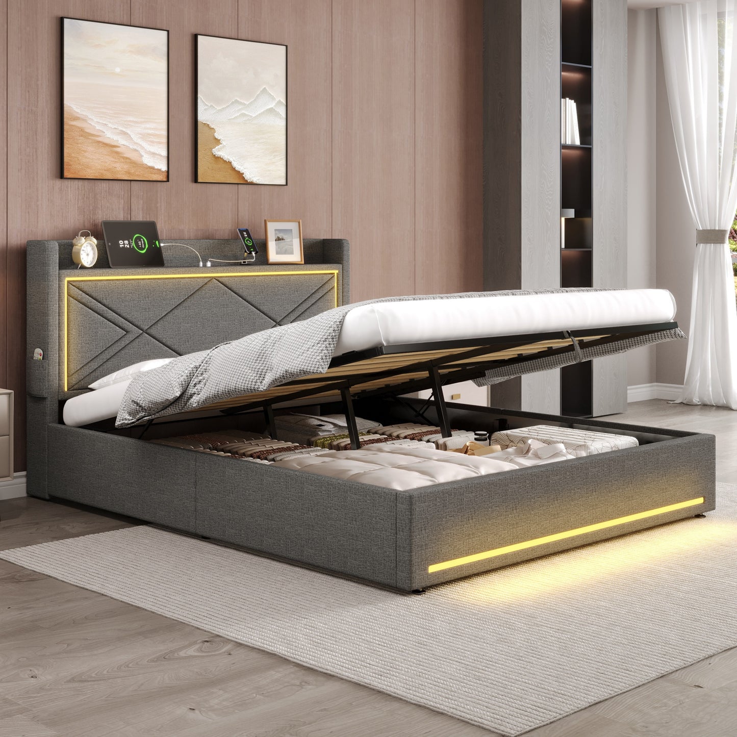 4ft6 Double Upholstered Bed Frame With Hydraulic Storage,  Linen Ottoman Bed With LED Lighting And Charging Station, USB And Type - C Ports, No Box Spring Needed, Grey No Mattress