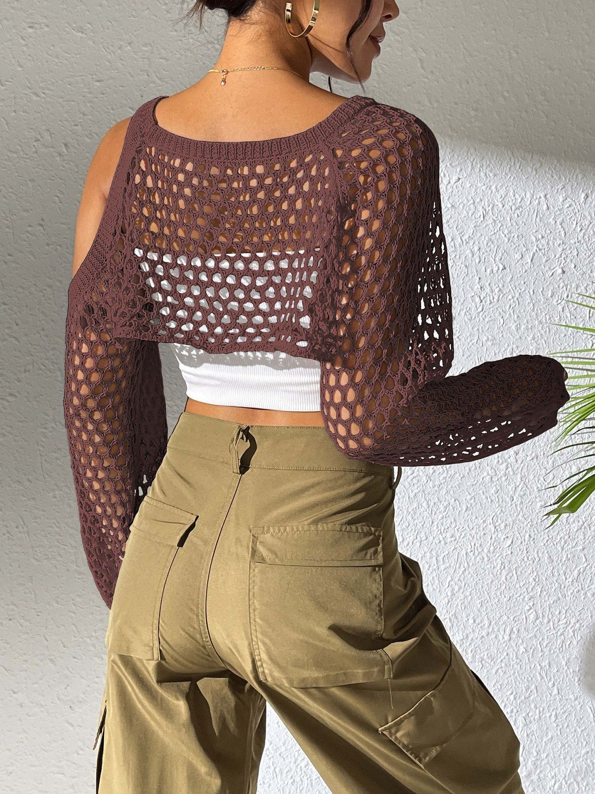 Women Sexy Cropped Crop Top, Hollow Knit Cover Up, European American Cross-border Fashion Casual Outerwear