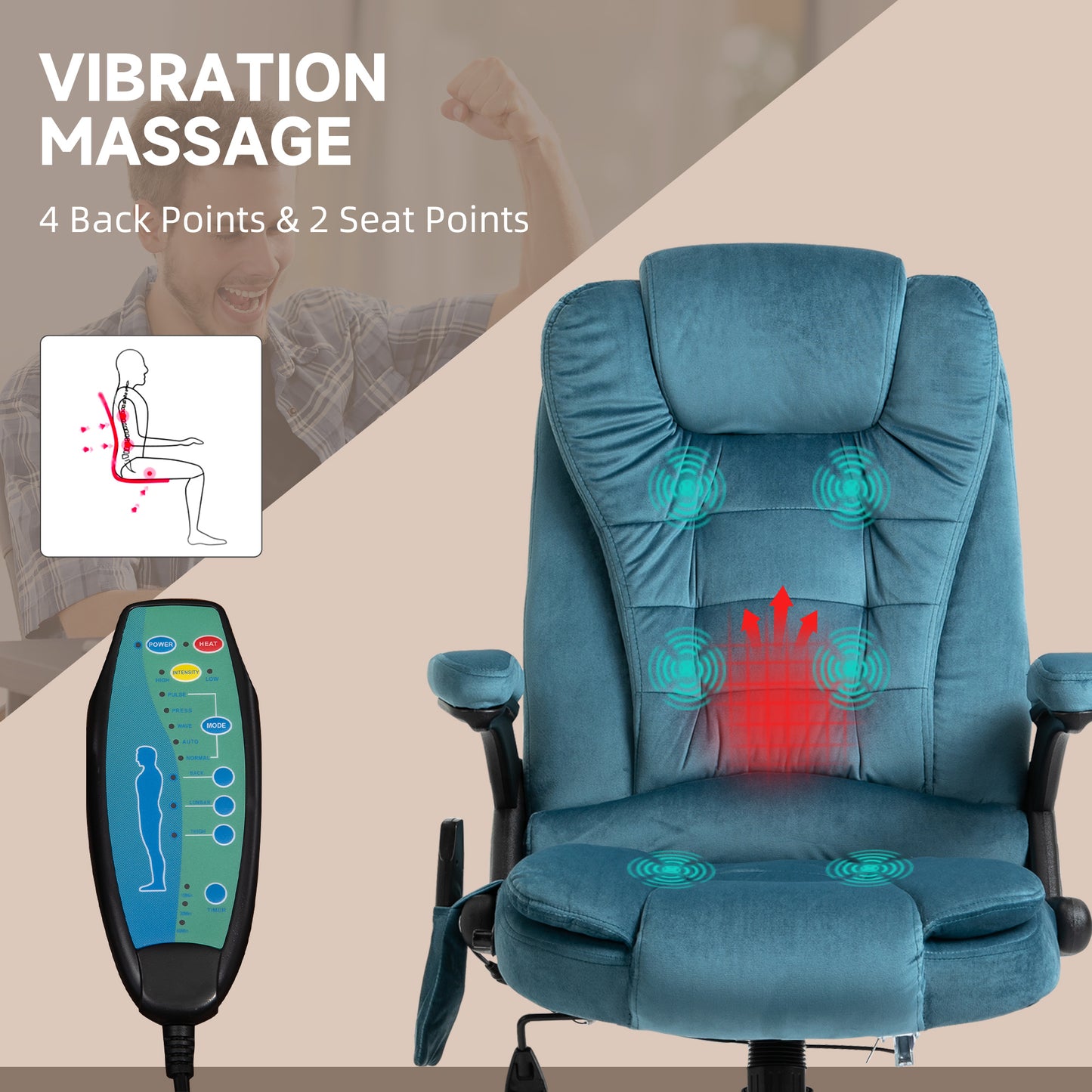 Vinsetto Massage Recliner Chair Heated Office Chair With Six Massage Points Velvet-Feel Fabric 360° Swivel Wheels Blue