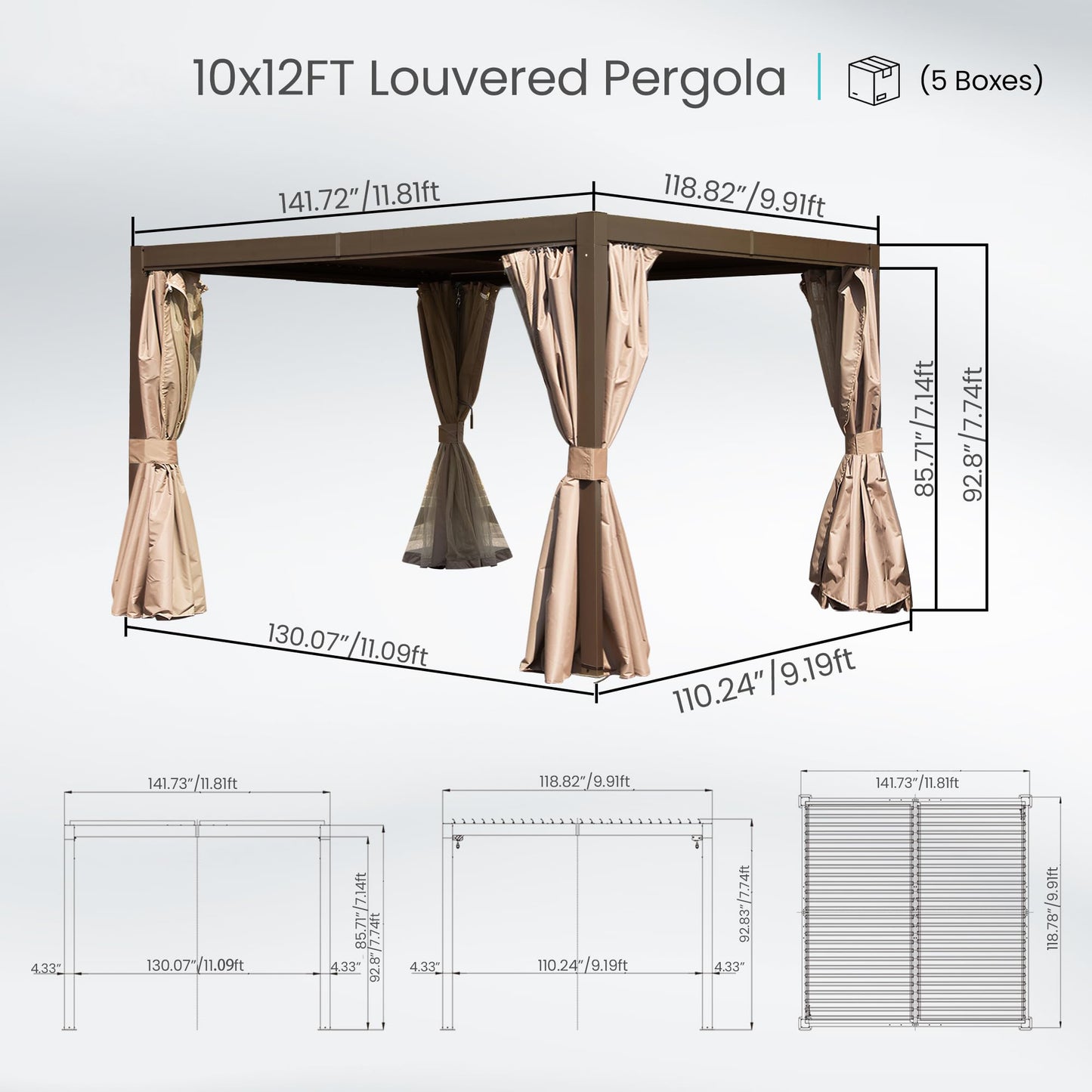 10x12 FT Outdoor Louvered Pergola With Adjustable Louvers-Brown