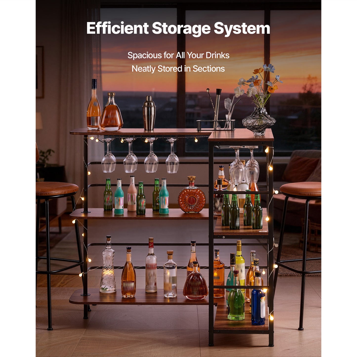 Home Bar Unit, L-Shaped Wine Bar Cabinet Table 3-Tier With Storage Shelves, Adjustable Foot Pads, LED Light, Walnut Finish & Metal Frame Liquor Cabinet For Home, Kitchen,Living Room,Pub,Basement