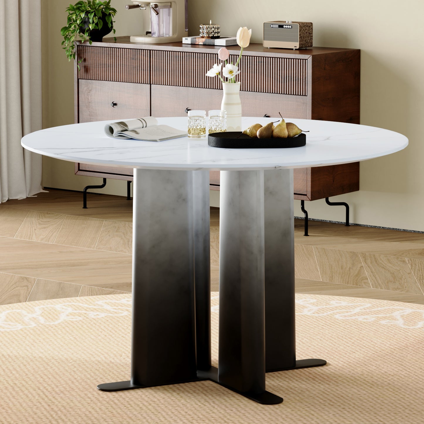 Round White Marble Pattern MDF Dining Table, Black & White Gradient Legs With Cross Base, Compact 2-4 Person Kitchen Table For Small Spaces Home Modern Dining Room Furniture