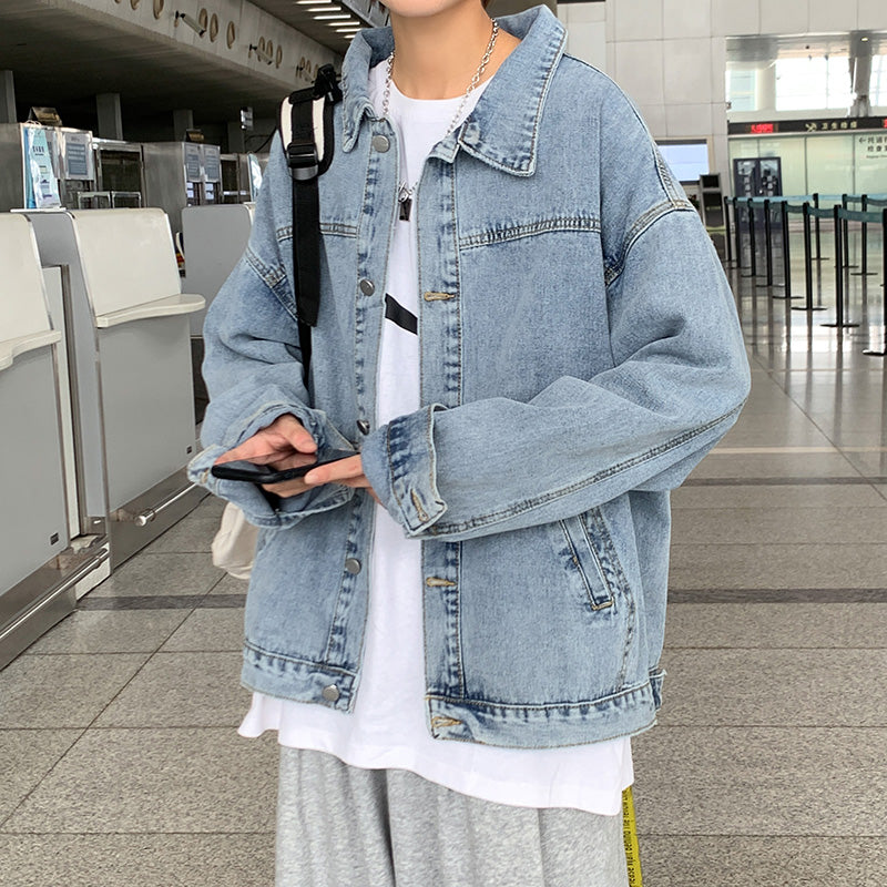 Mens Korean-style Trendy American Workwear Vintage Denim Jacket