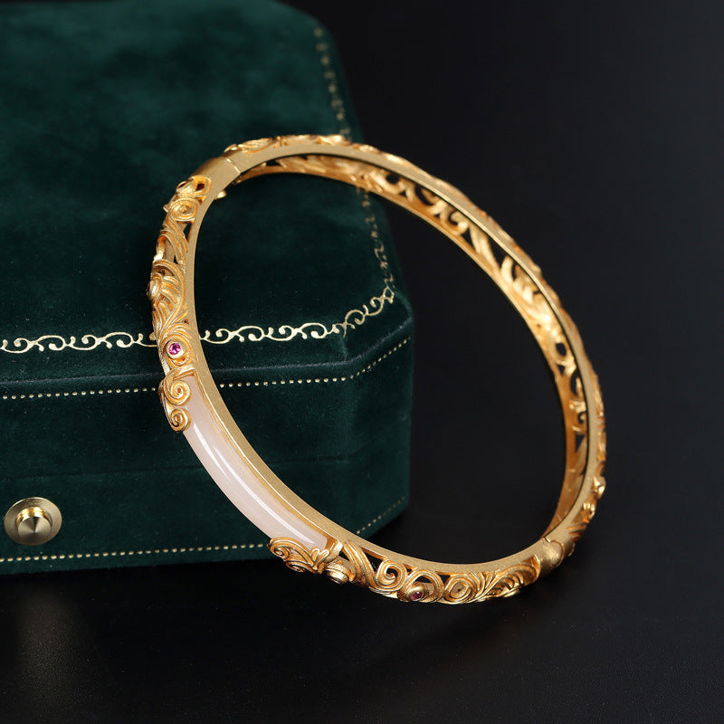 Ancient Craft Gold-Plated Filigree S925 Silver Hetian Jade Hollow Bangle, Retro Style Gift For Women, Perfect For Valentine's Day & Birthday