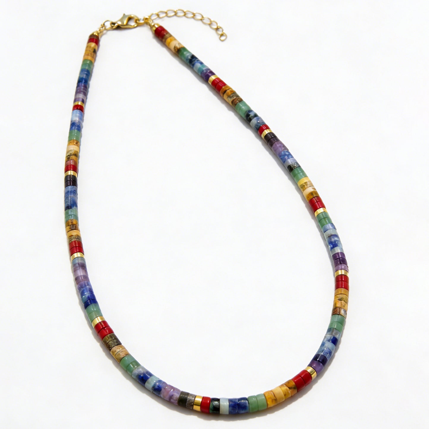 7 Chakra Heishi Bead Choker Necklace For Women, Colorful Natural Stone Tube Beads, Gold Extension Chain, Boho Jewelry Gift Daily Wear