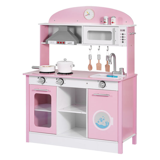 Play Kitchen For Kids, Wooden, Kids Kitchen Playset With Real Lights & Sounds, Food & Cookware Accessories, Pretend Play Toy Set, Range Hood, Microwave, For Toddlers, Girls & Boys Ages 3-8, P Ink