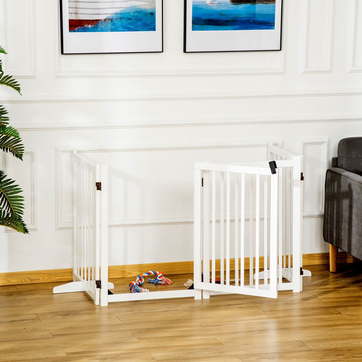 PawHut Wooden Dog Gate, Dog Fence Indoor, 80 Cm Tall Freestanding Pet Gate For Small And Medium Dogs With 4 Panels, 2 Support Feet, White