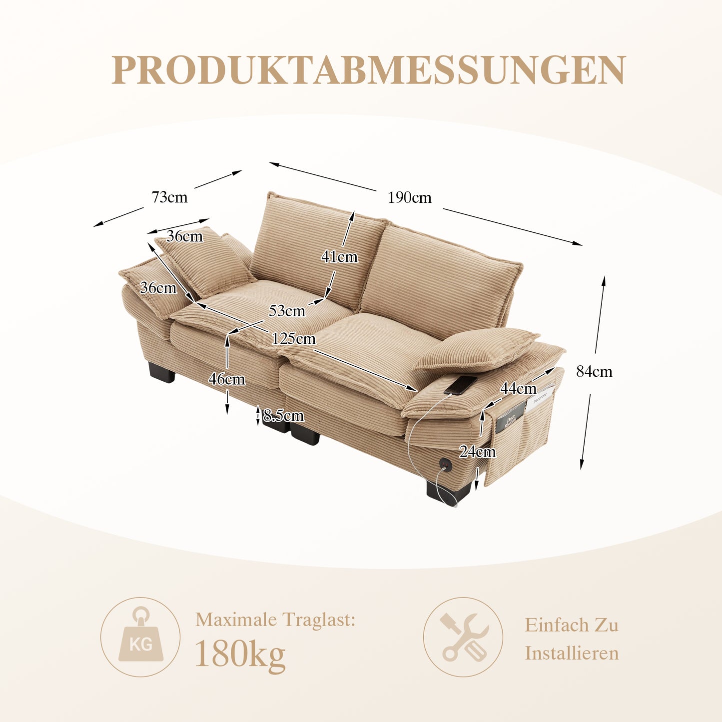 Modular Corduroy Sofa For 2 People With A Wide Seat, Ergonomic Design, High-density Foam Padding, USB-C Port And Side Pockets. Ideal For Living Room, Office Or Lounge.Khaki