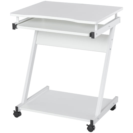 Movable Computer Desk With 4 Moving Wheels Sliding Keyboard Tray Home Office Workstation White