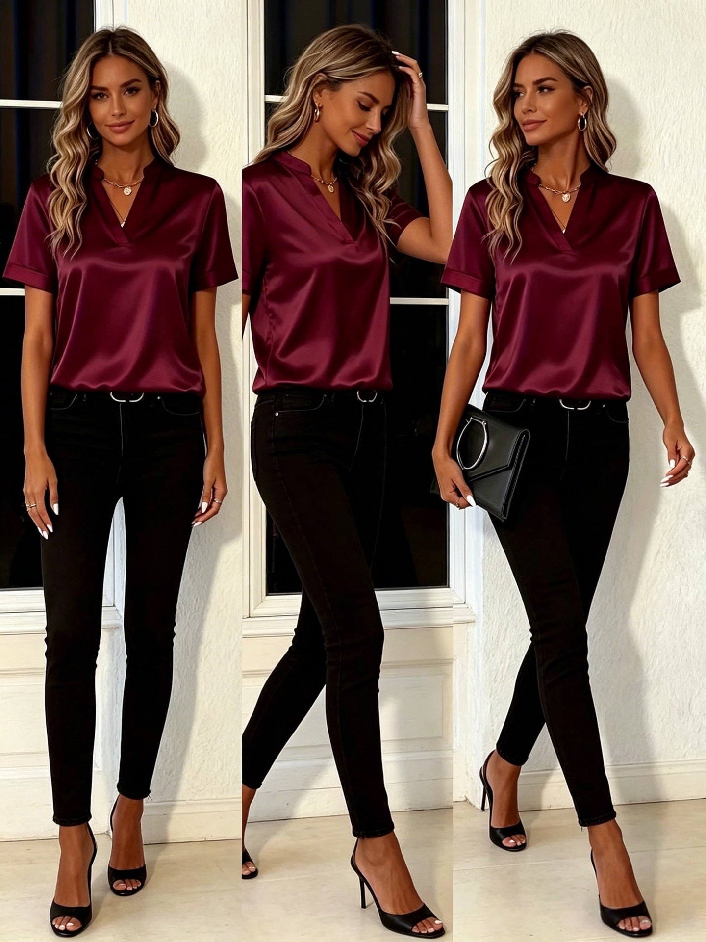 Women's Satin V-Neck Short Sleeve Blouse - Elegant Stand Collar Office Wear Top, Multiple Colors Available