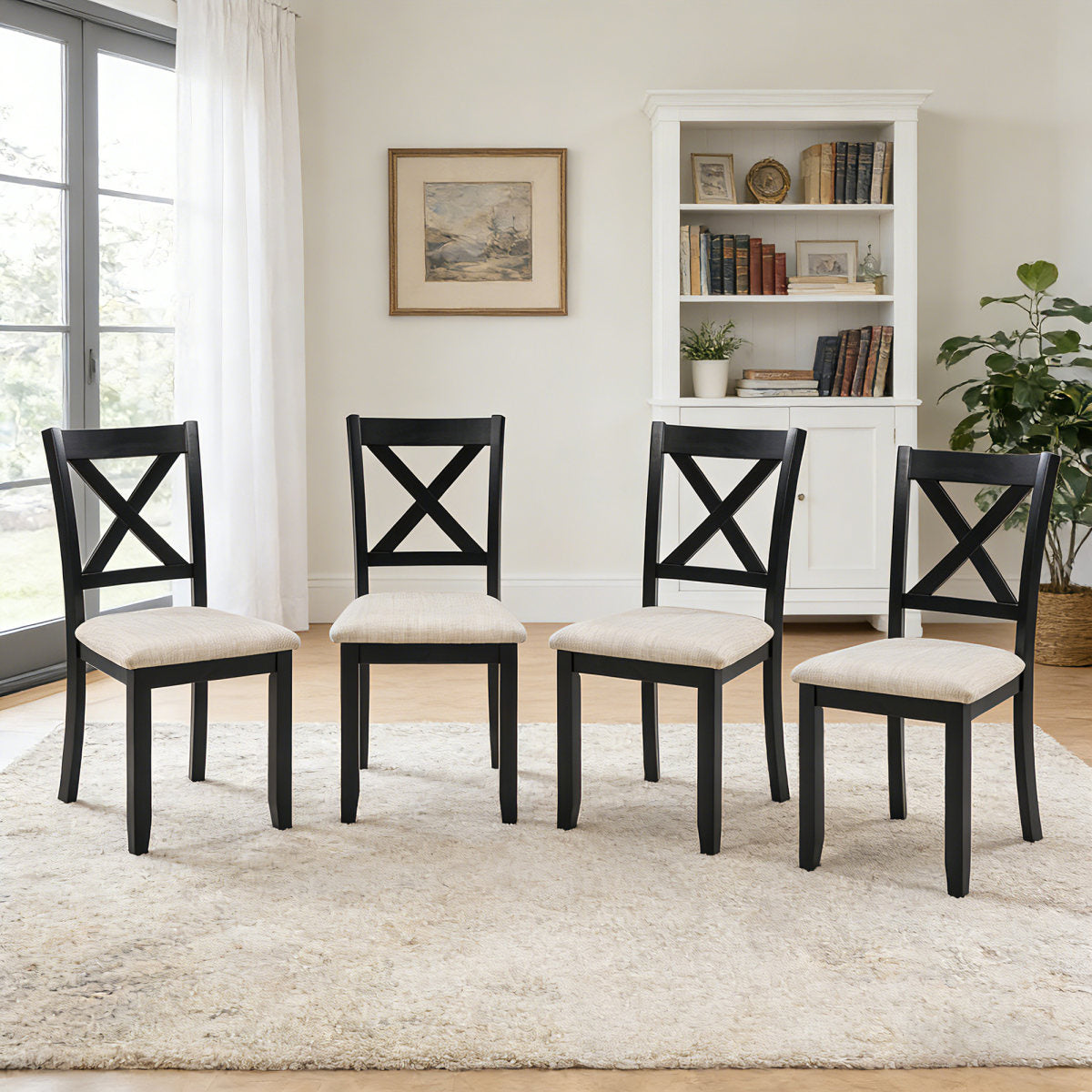 Dining Chairs Only, Wooden Dining Chairs Set of 4, Kitchen Chair with Padded Seat, Upholstered Side Chair for Dining Room, Living Room, Kitchen, Black & Beige  two tone