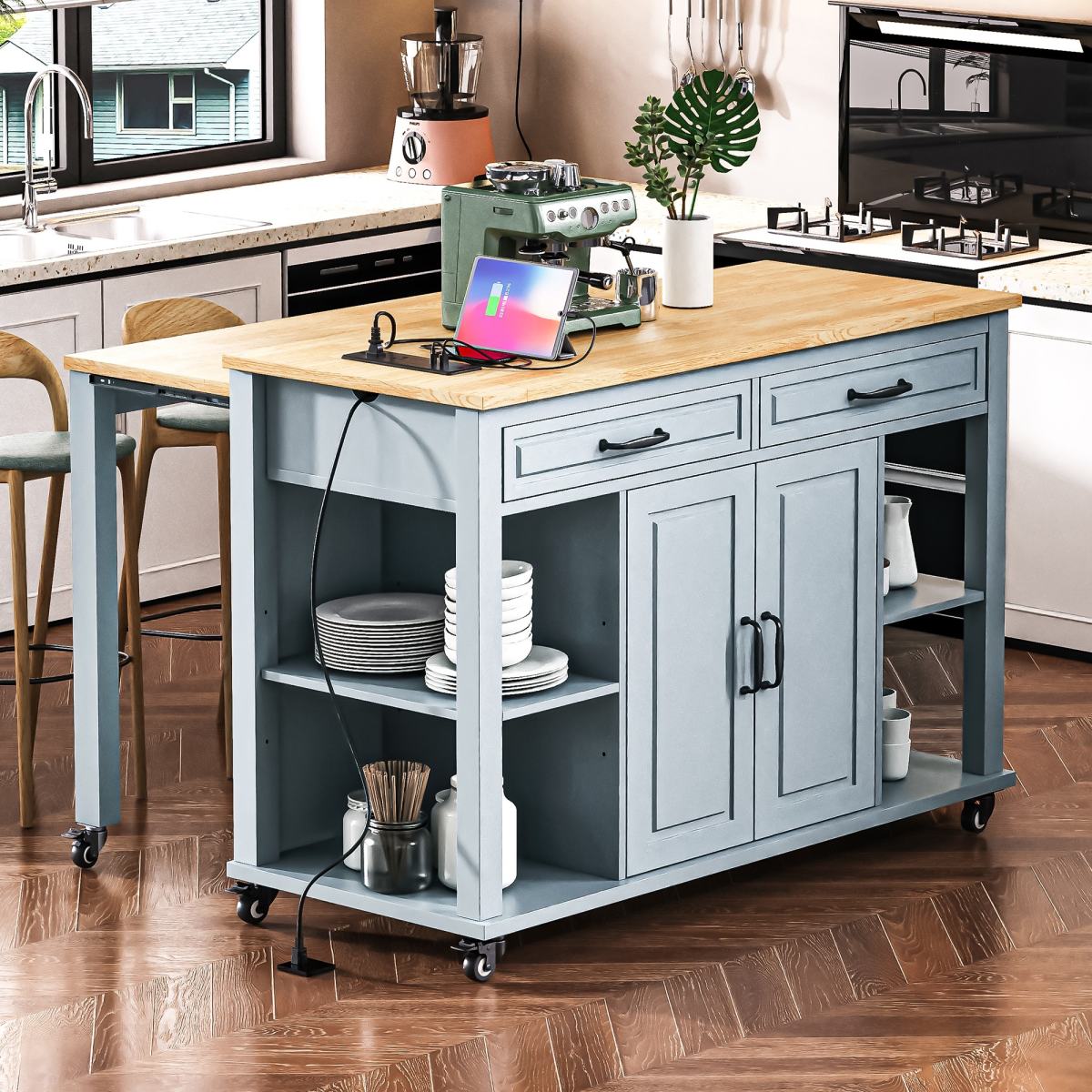 K&K 47 Inch Kitchen Island With Extendable Dining Table, Rubber Wood Veneer Kitchen Table With Internal Storage Rack, Power Outlet, Kitchen Island With Storage 2 Drawers 2 Cabinet,Grey Blue